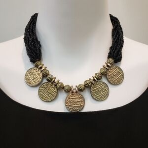 VINTAGE Multistrand Black Beaded Tribal Golden Coin Necklace